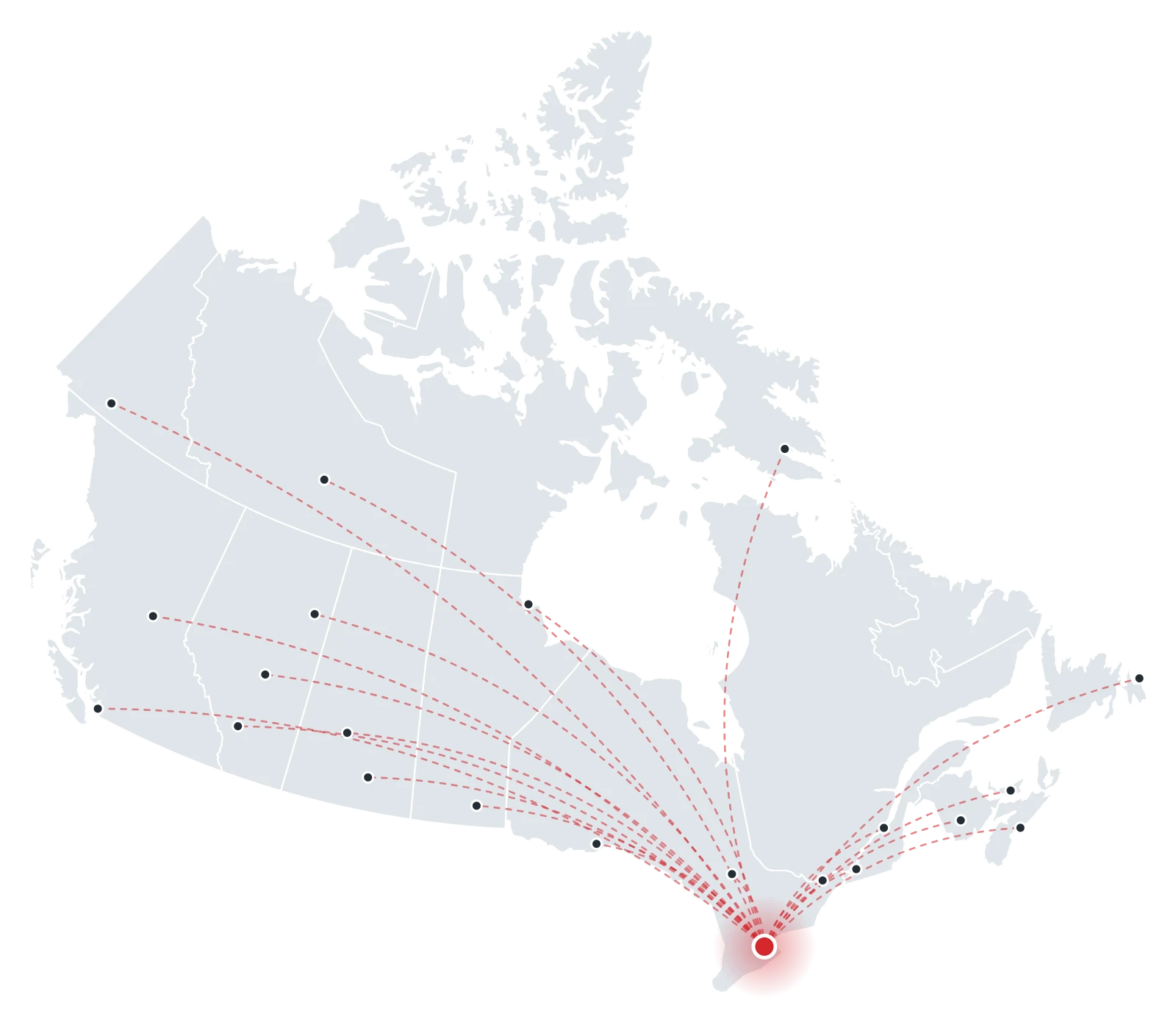 Map of Canada showing Drone Services Canada serving every province and territory from its Hamilton, Ontario base